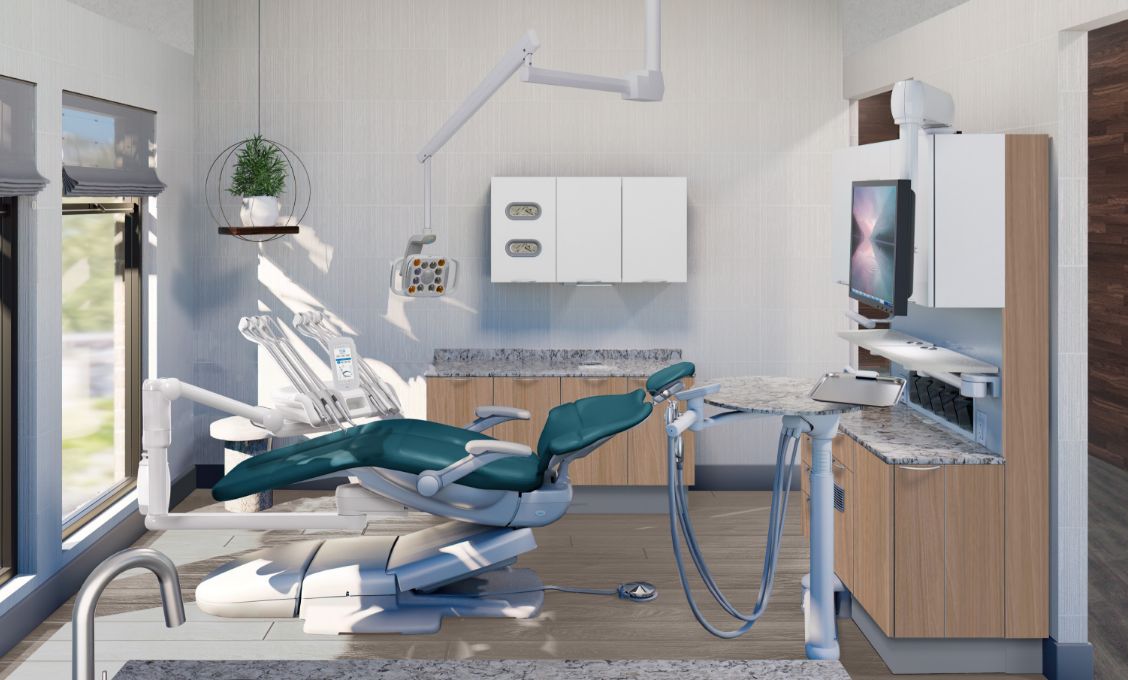 Sunlit operatory with tan dental cabinets and a teal dental chair