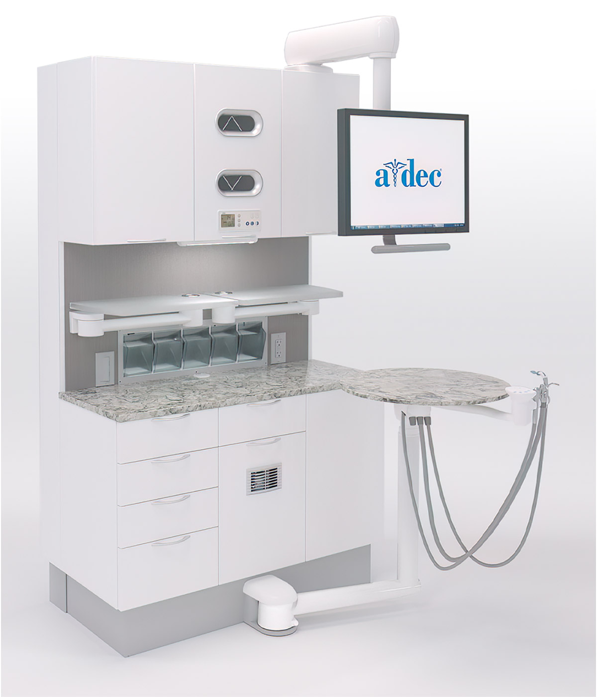 A-dec Inspire 391 dental cabinet with 12 o'clock delivery system