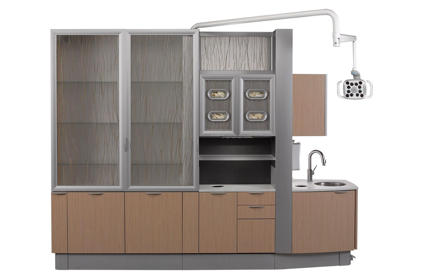 A-dec Inspire 592 central console side view with light colored wood and dental light