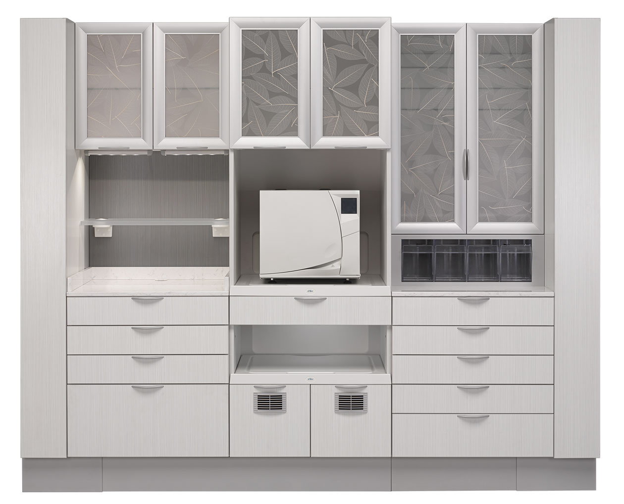 Front view of A-dec Inspire 594 sterilization center in white with white infills