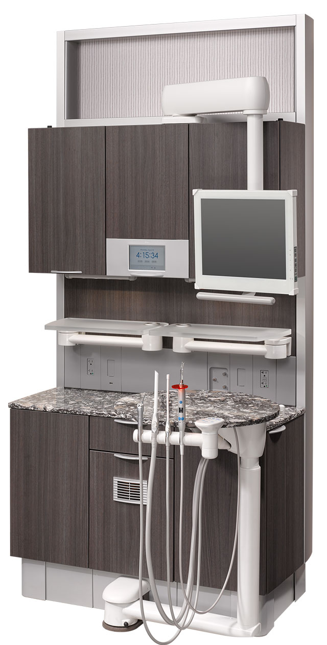 A-dec Inspire 591 treatment console featuring monitor mount and delivery system with slight angle