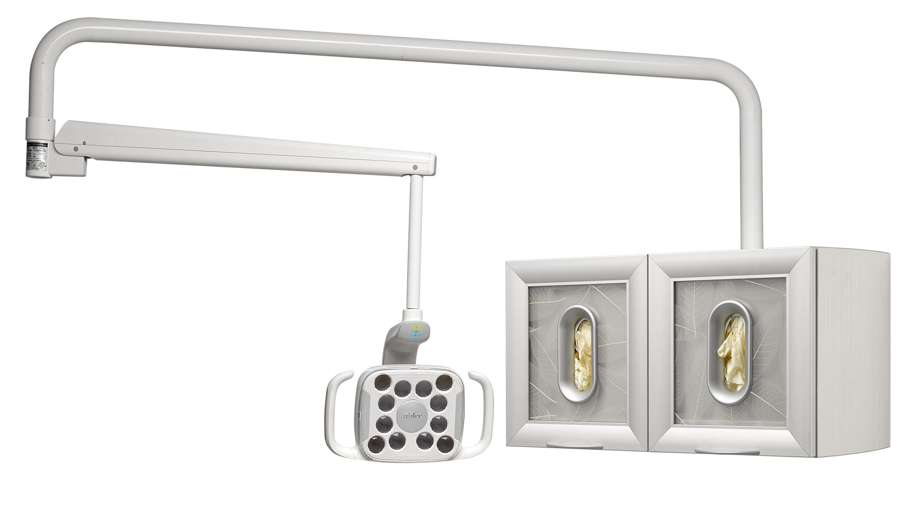 A-dec Inspire 595 wall-mounted cabinets in white with dental light mount