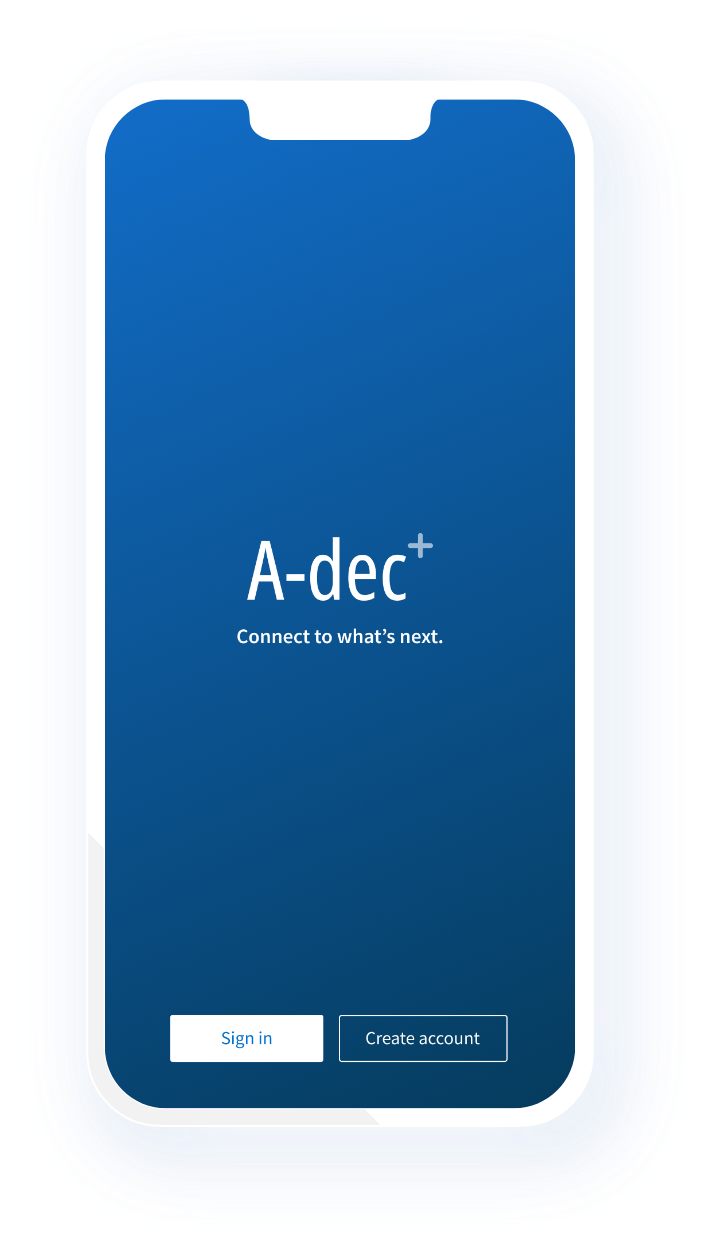 Mobile phone showing the A-dec+ app home screen