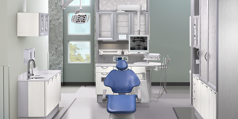 Dental office design with sky blue dental chair