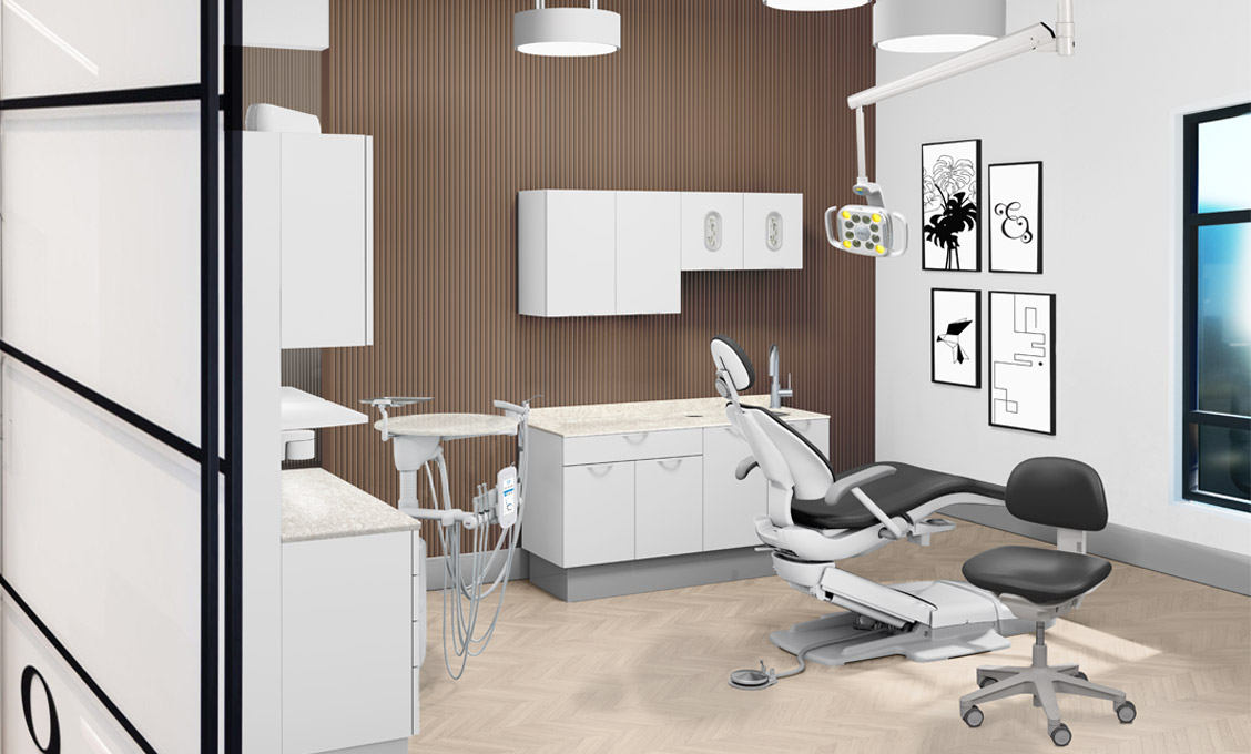 Dental operatory with white cabinetry and a black upholstered dental chair