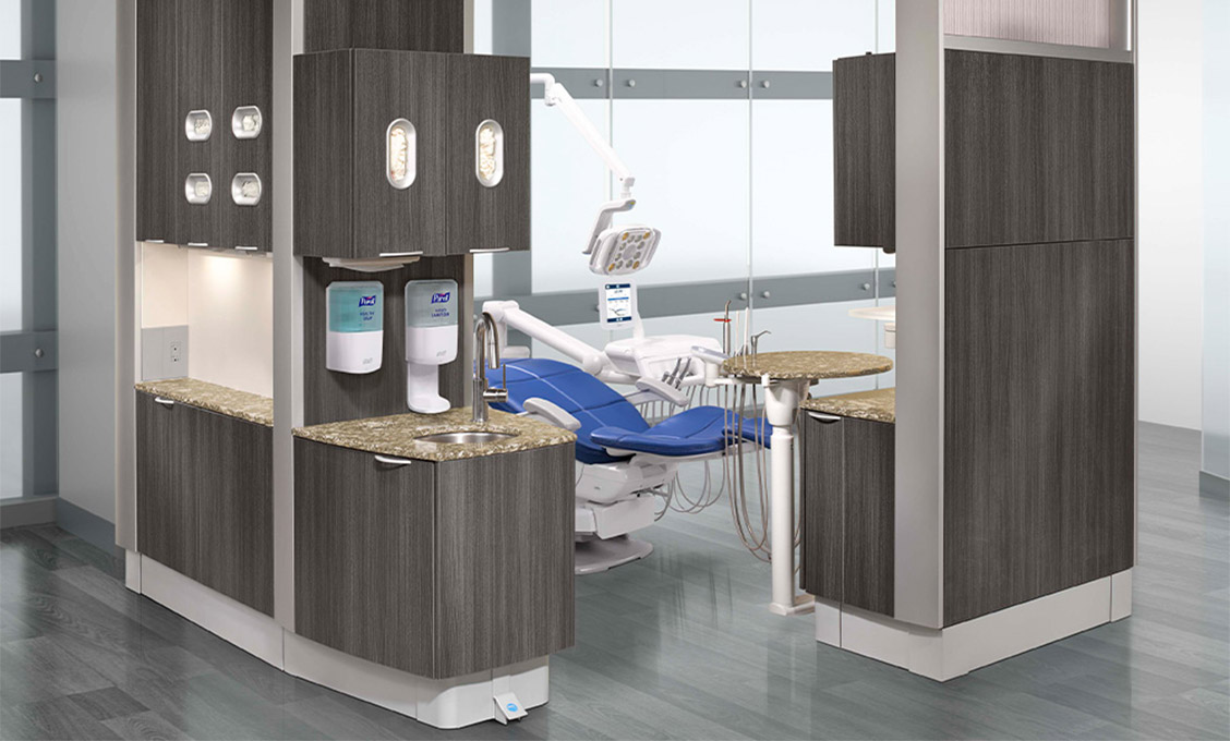 A-dec Inspire dental cabinets surrounding a dental operatory