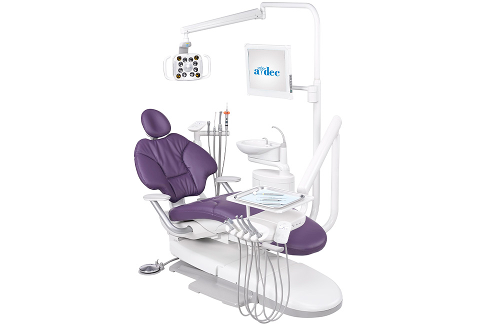 A-dec 400 dental chair with Plum upholstery and A-dec 300 Pro delivery system