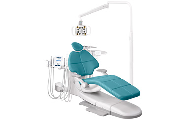 A-dec 500 dental chair with Cyan upholstery and other dental equipment