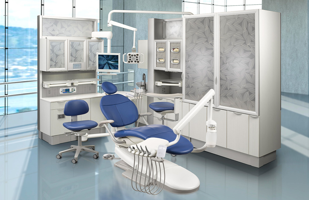 Dental operatory with A-dec 300 dental chair in Pacific upholstery
