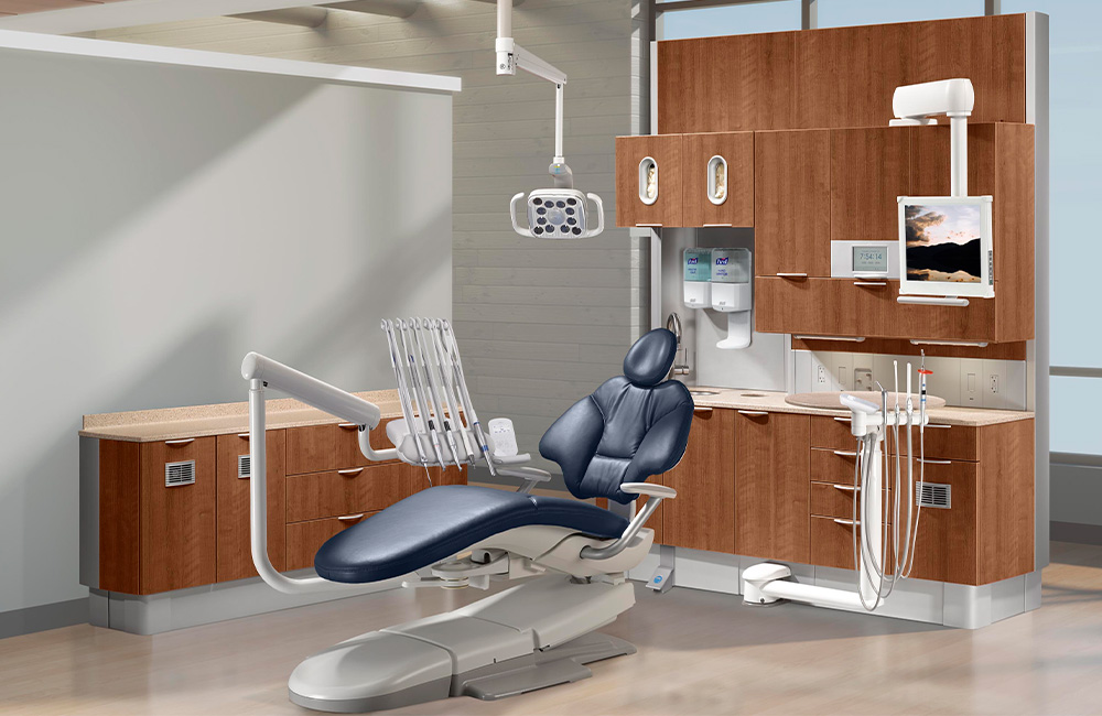 Dental operatory with A-dec 400 dental chair in Diplomat Blue upholstery