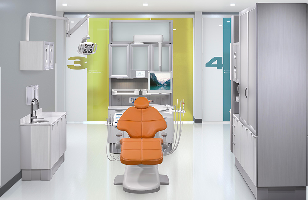 Dental operatory with A-dec 500 dental chair in Apricot upholstery