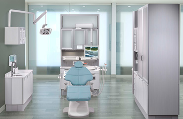 Dental operatory with A-dec 500 dental chair in Cyan upholstery