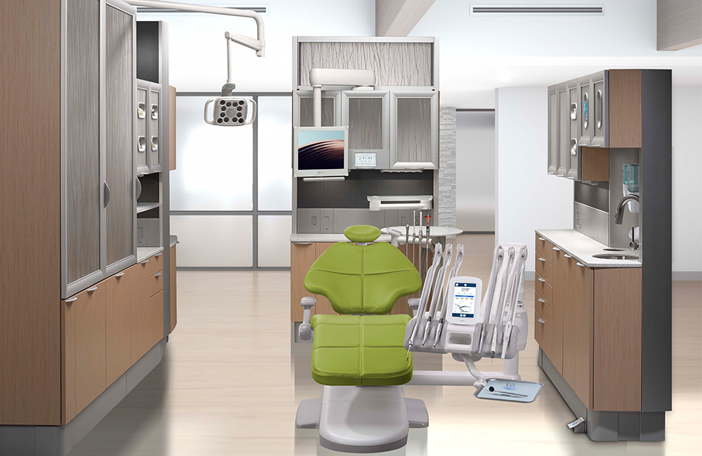 Dental operatory with A-dec 500 dental chair in Parrot upholstery
