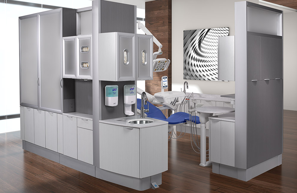 Dental operatory with A-dec 500 dental chair in Sky Blue upholstery