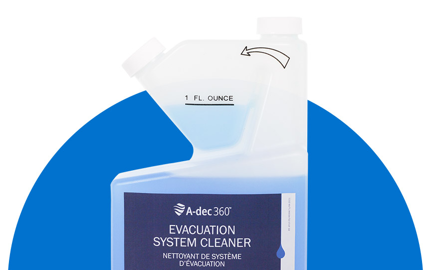 A-dec Evacuation System Cleaner bottles on a dental office countertop